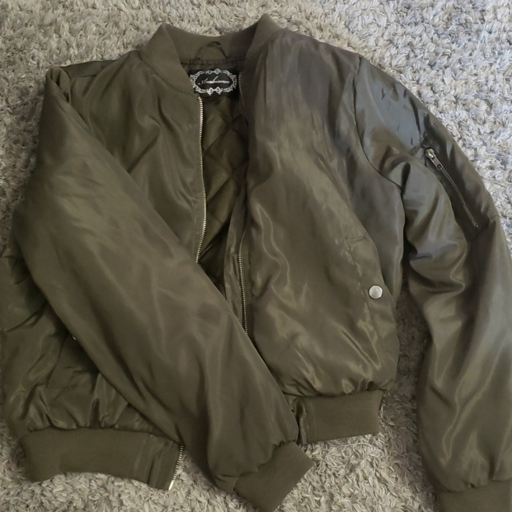Zip-up olive green satin bomber jacket